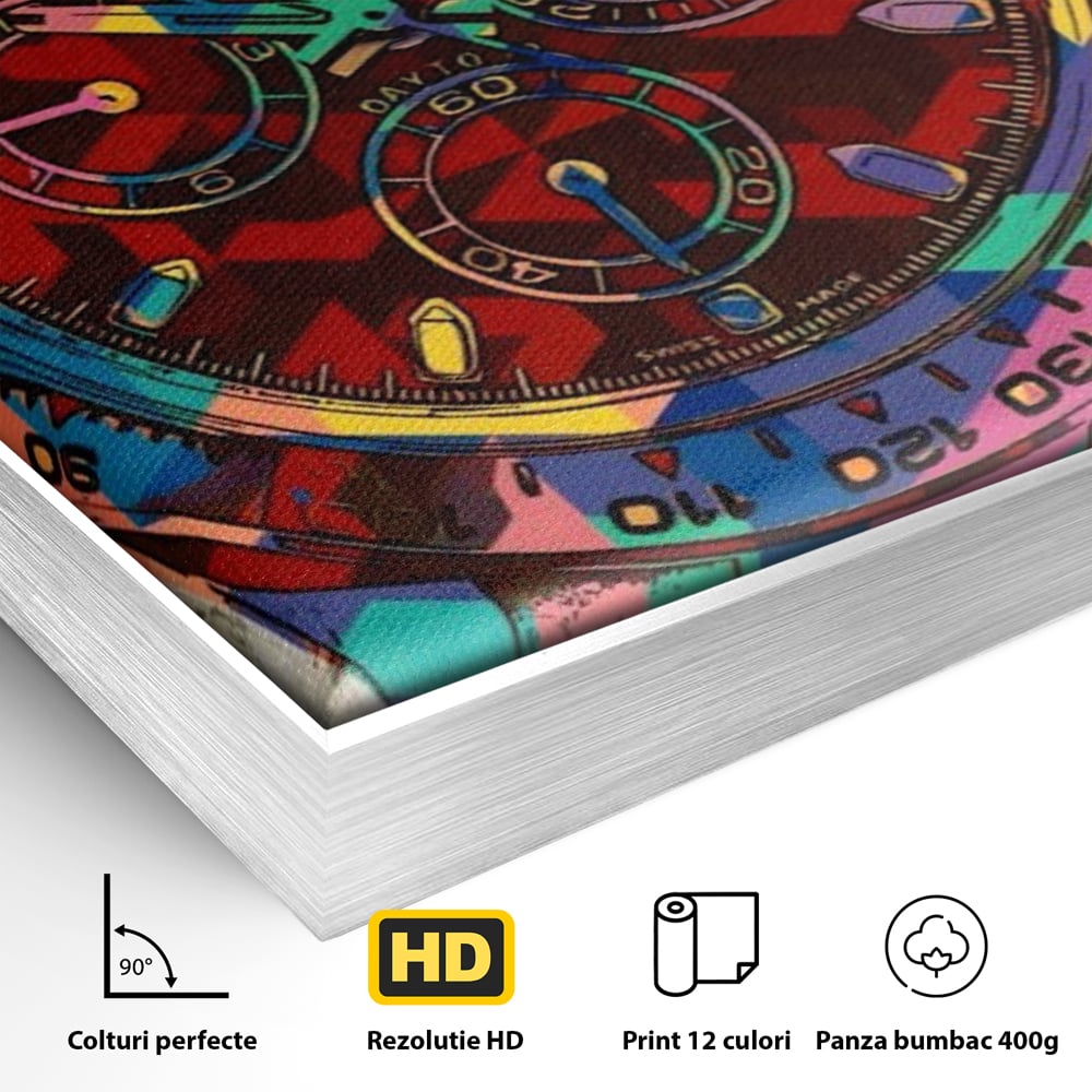 Detaliu al suprafetei: tablou canvas cu ceas colorat tip rolex, in rama de aluminiu argintiu